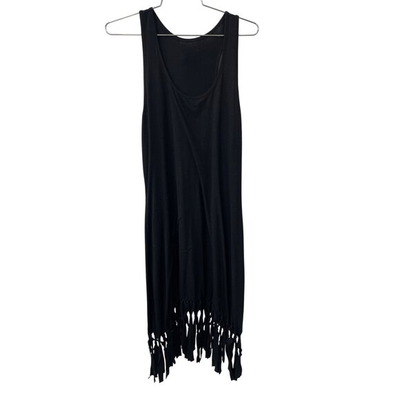 Scoop Neck Fringe Hem Tank Dress Size Large Sleeveless Solid Black Swim Cover Up - Picture 1 of 5